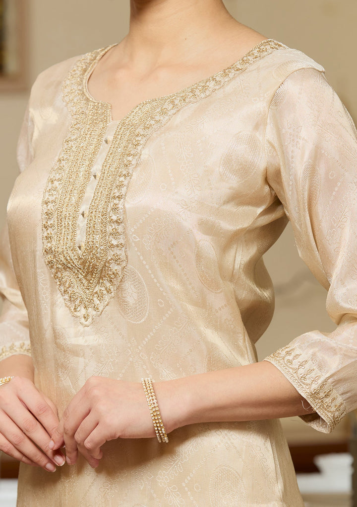 Beige Zariwork (Gold) Tissue Readymade Salwar Suit
