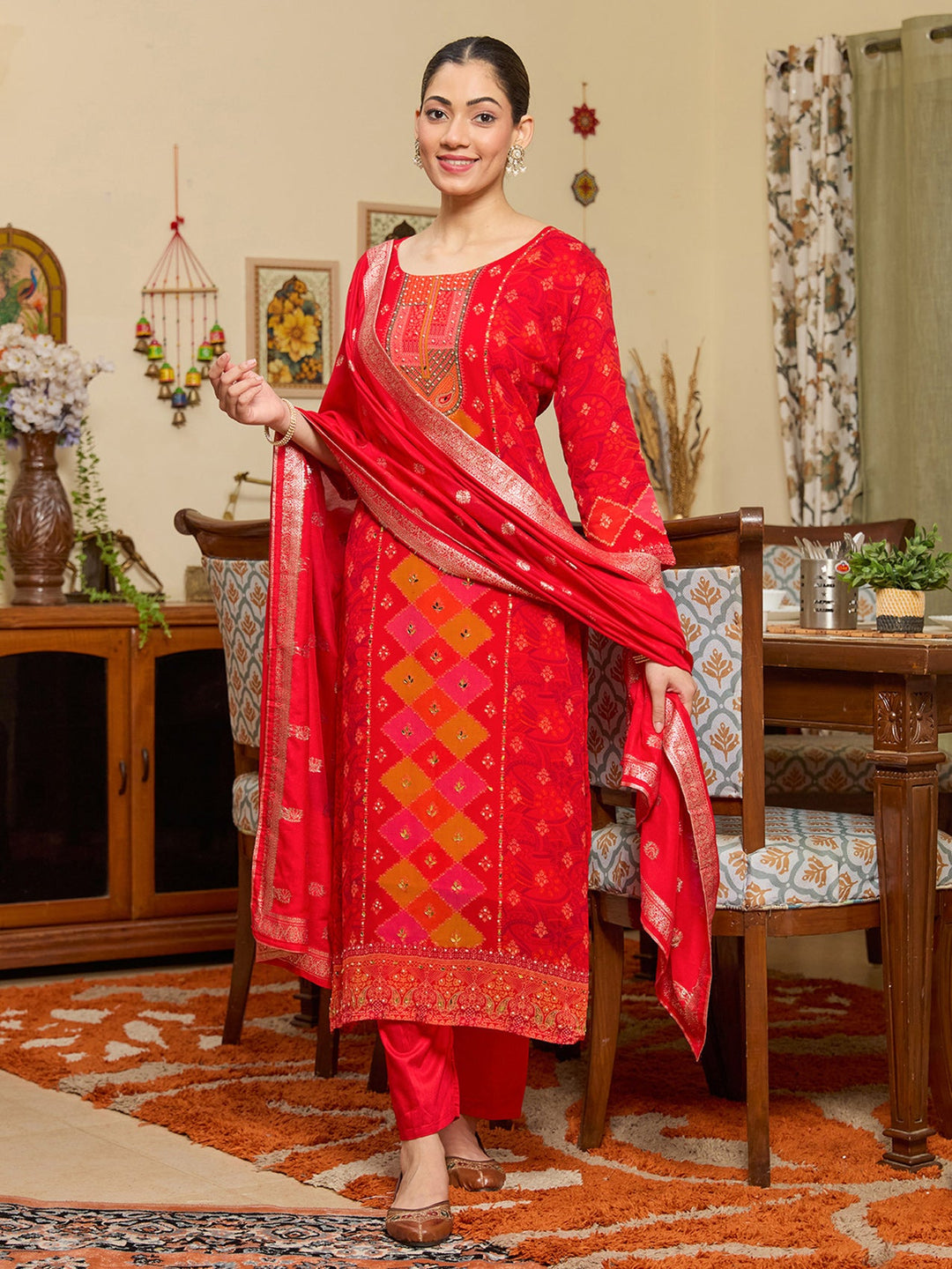 Red Stonework Tissue Readymade Salwar Suit