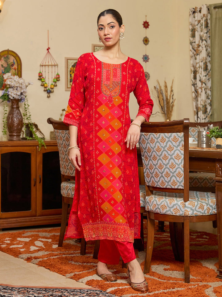 Red Stonework Tissue Readymade Salwar Suit