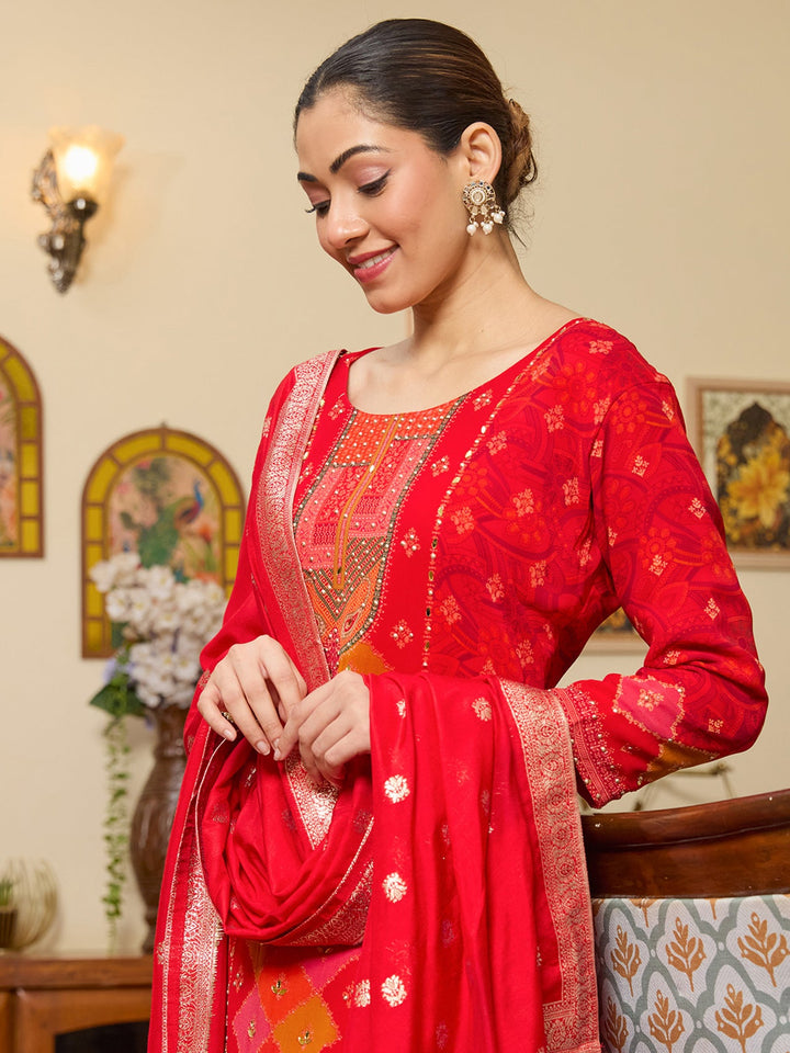 Red Stonework Tissue Readymade Salwar Suit