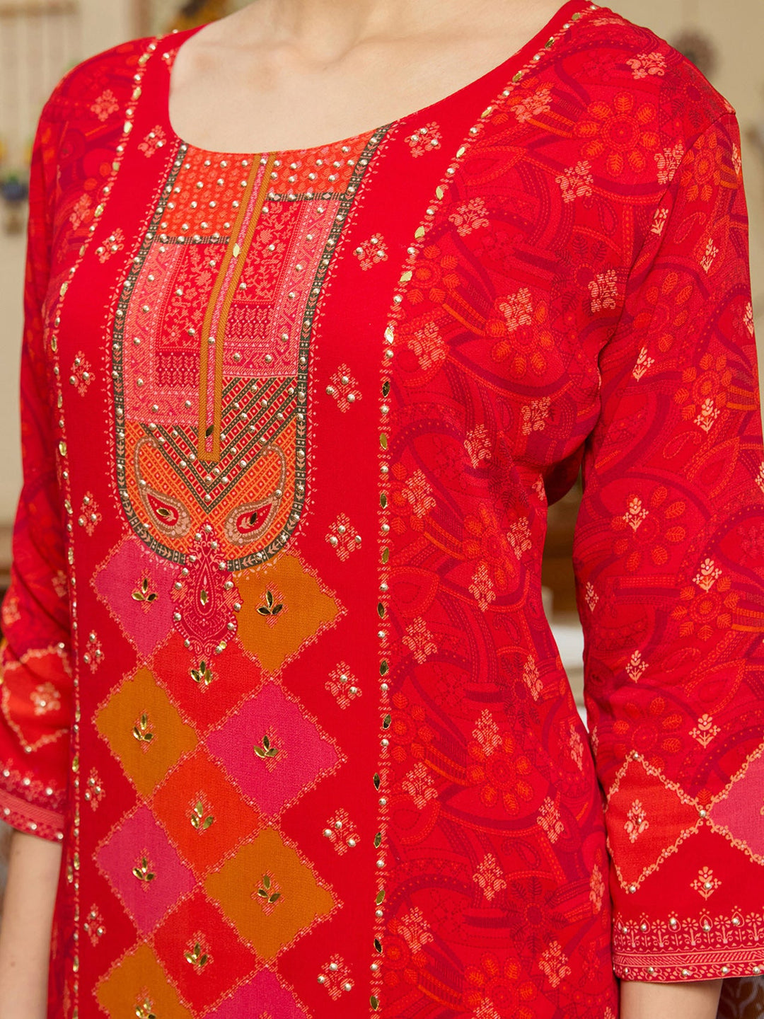 Red Stonework Tissue Readymade Salwar Suit