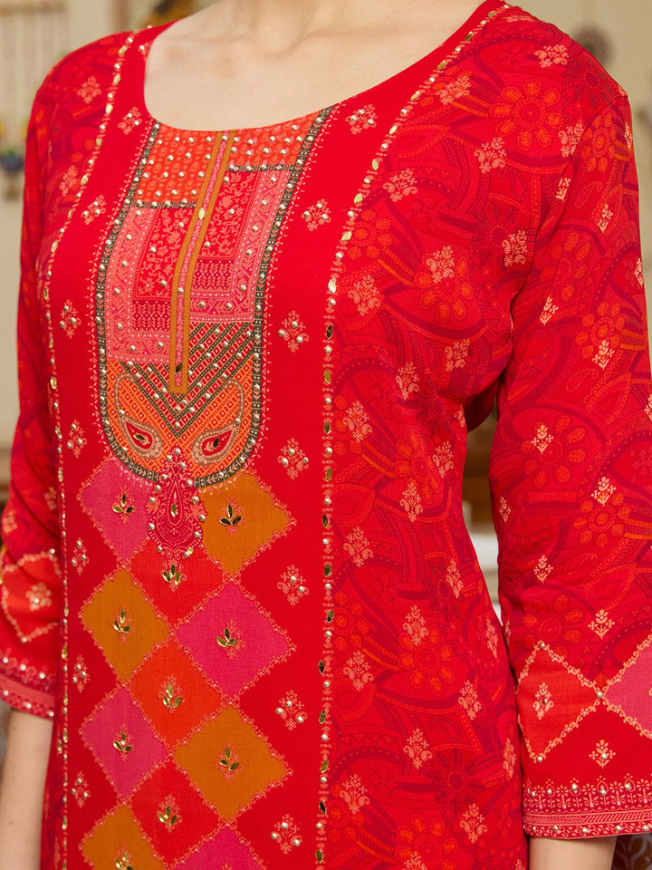 Red Stonework Tissue Readymade Salwar Suit