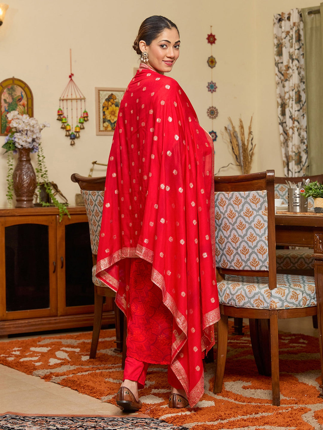 Red Stonework Tissue Readymade Salwar Suit