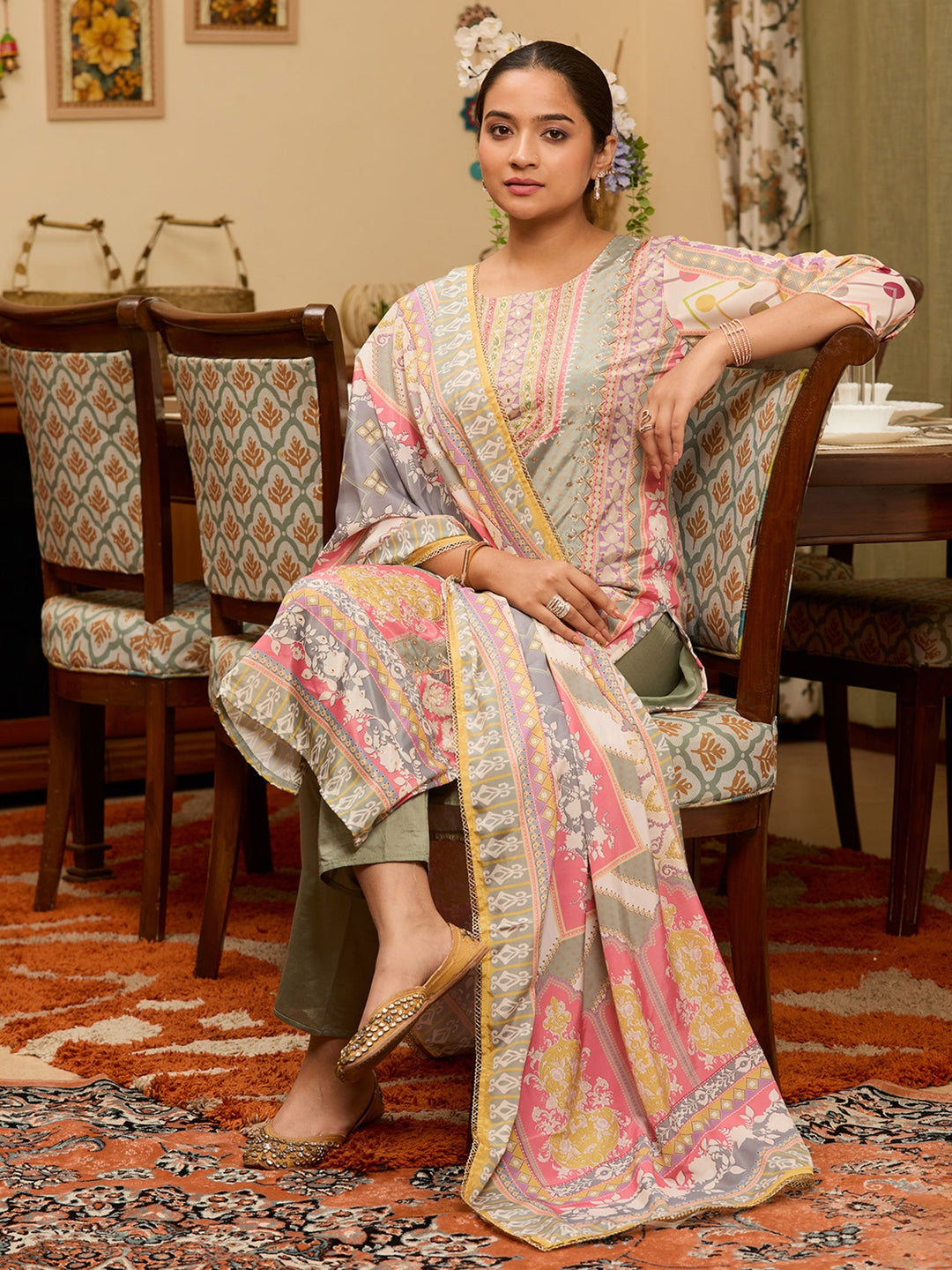 Pista Green Stonework Tissue Readymade Salwar Suit