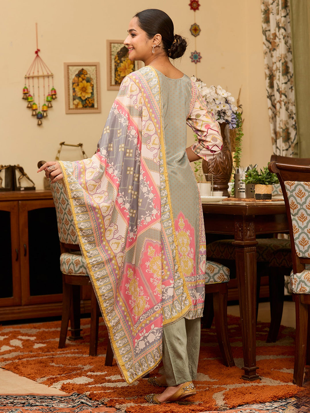 Pista Green Stonework Tissue Readymade Salwar Suit