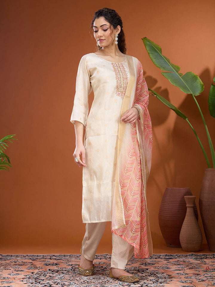 Cream Threadwork Brocade Readymade Salwar Suit