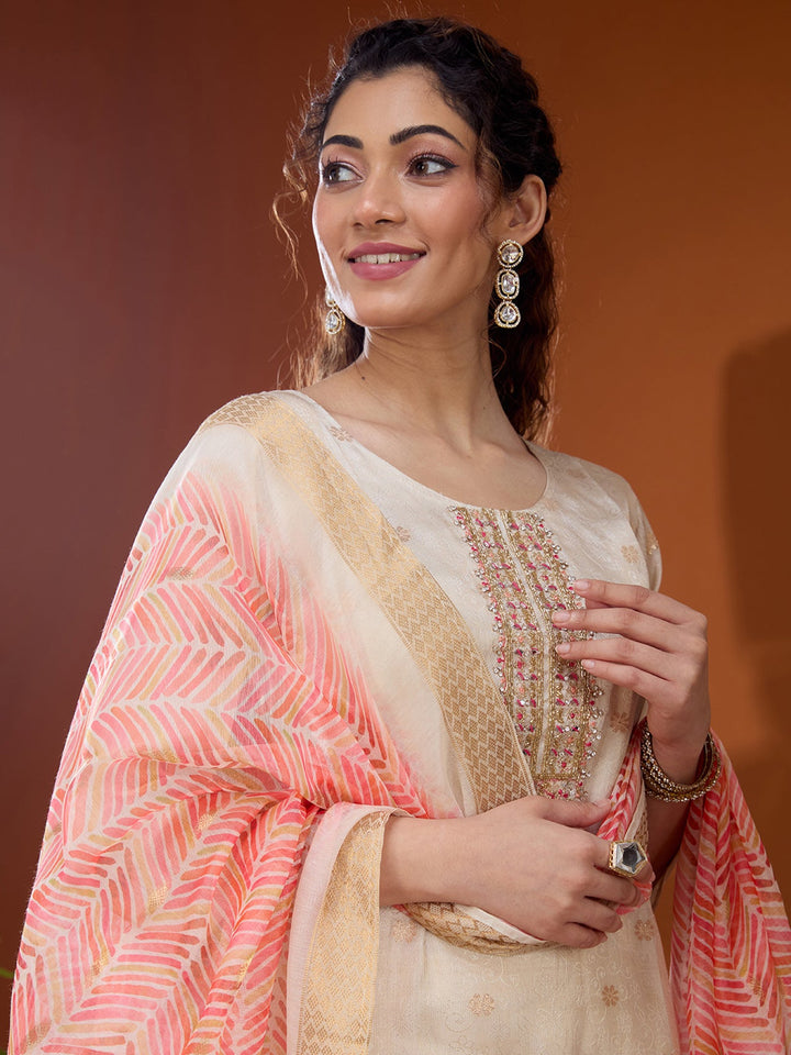 Cream Threadwork Brocade Readymade Salwar Suit