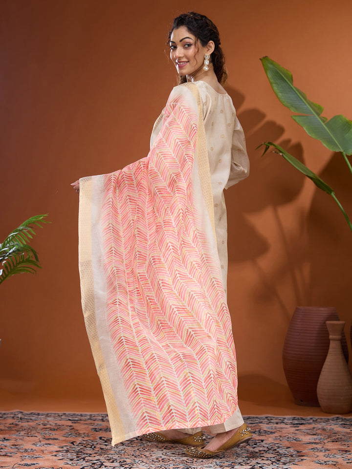 Cream Threadwork Brocade Readymade Salwar Suit