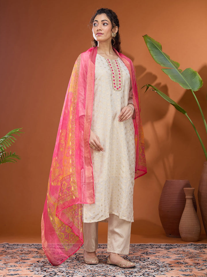 Off White Threadwork Brocade Readymade Salwar Suit