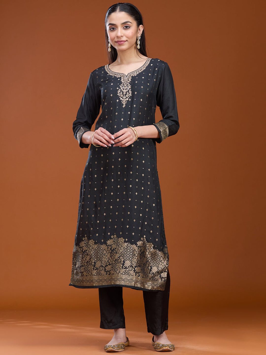 Black Sequins Dola Silk Readymade Salwar Suit