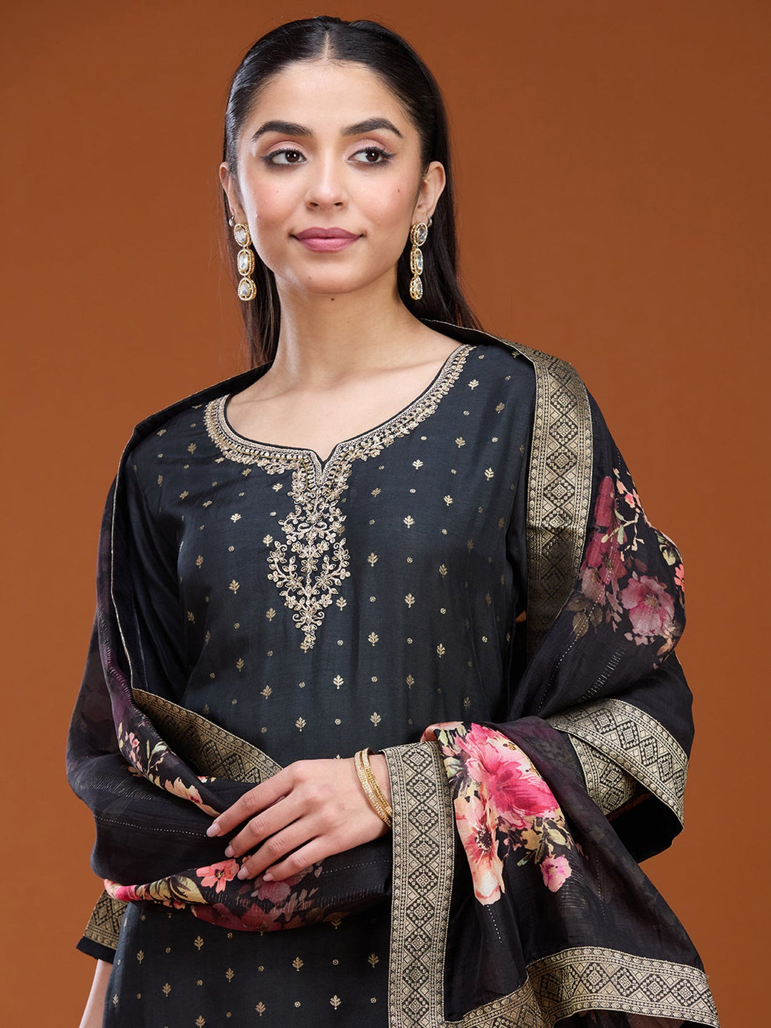 Black Sequins Dola Silk Readymade Salwar Suit
