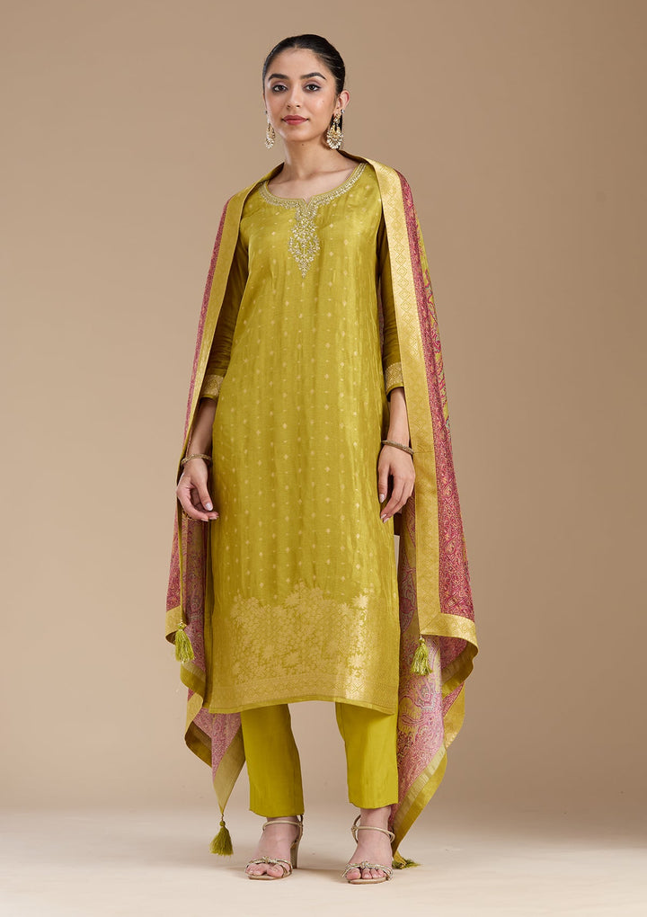 Mehandi Green Cording Banarasi Readymade Salwar Suit-koskii