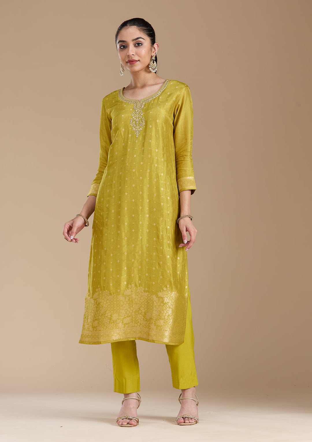 Mehandi Green Cording Banarasi Readymade Salwar Suit-koskii