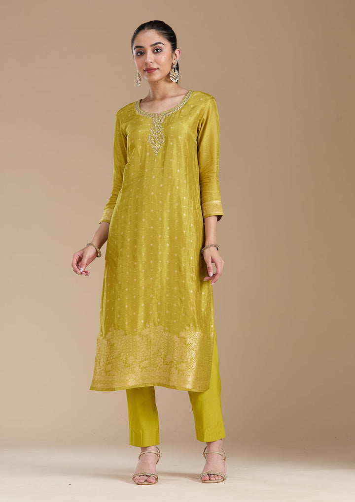 Mehandi Green Cording Banarasi Readymade Salwar Suit-koskii