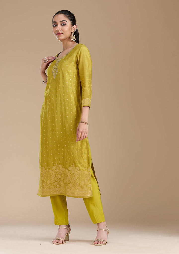 Mehandi Green Cording Banarasi Readymade Salwar Suit-koskii