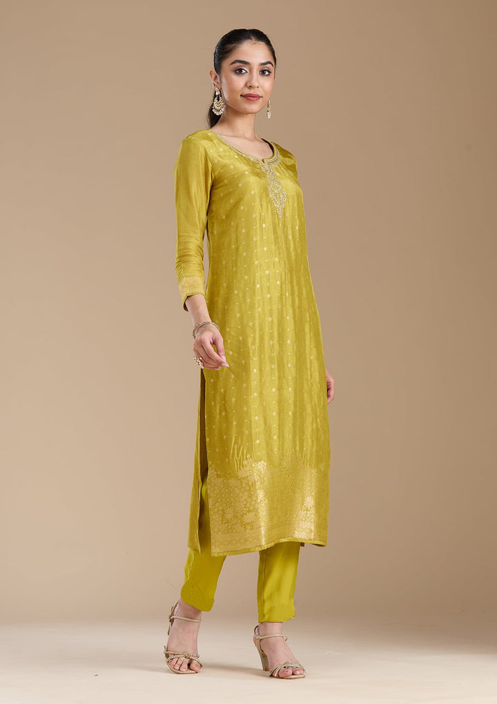 Mehandi Green Cording Banarasi Readymade Salwar Suit-koskii