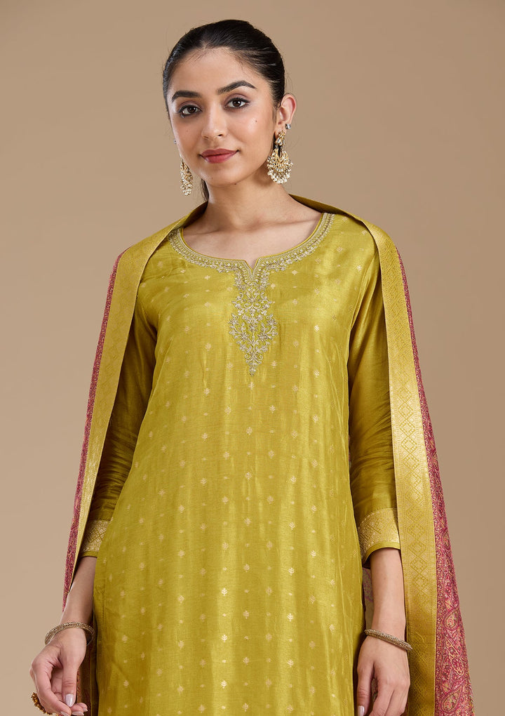 Mehandi Green Cording Banarasi Readymade Salwar Suit-koskii