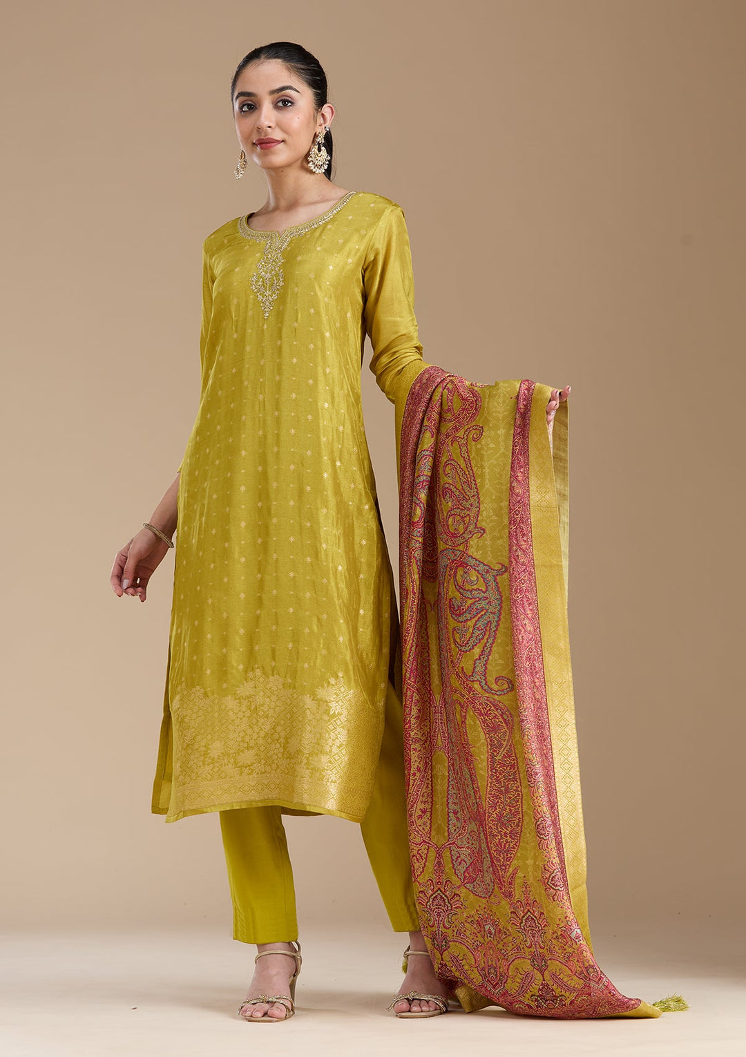 Mehandi Green Cording Banarasi Readymade Salwar Suit-koskii