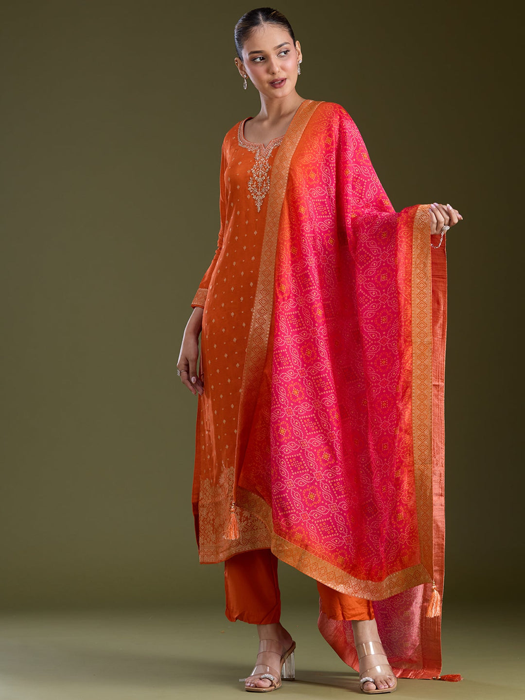 Orange Sequins Dola Silk Readymade Salwar Suit