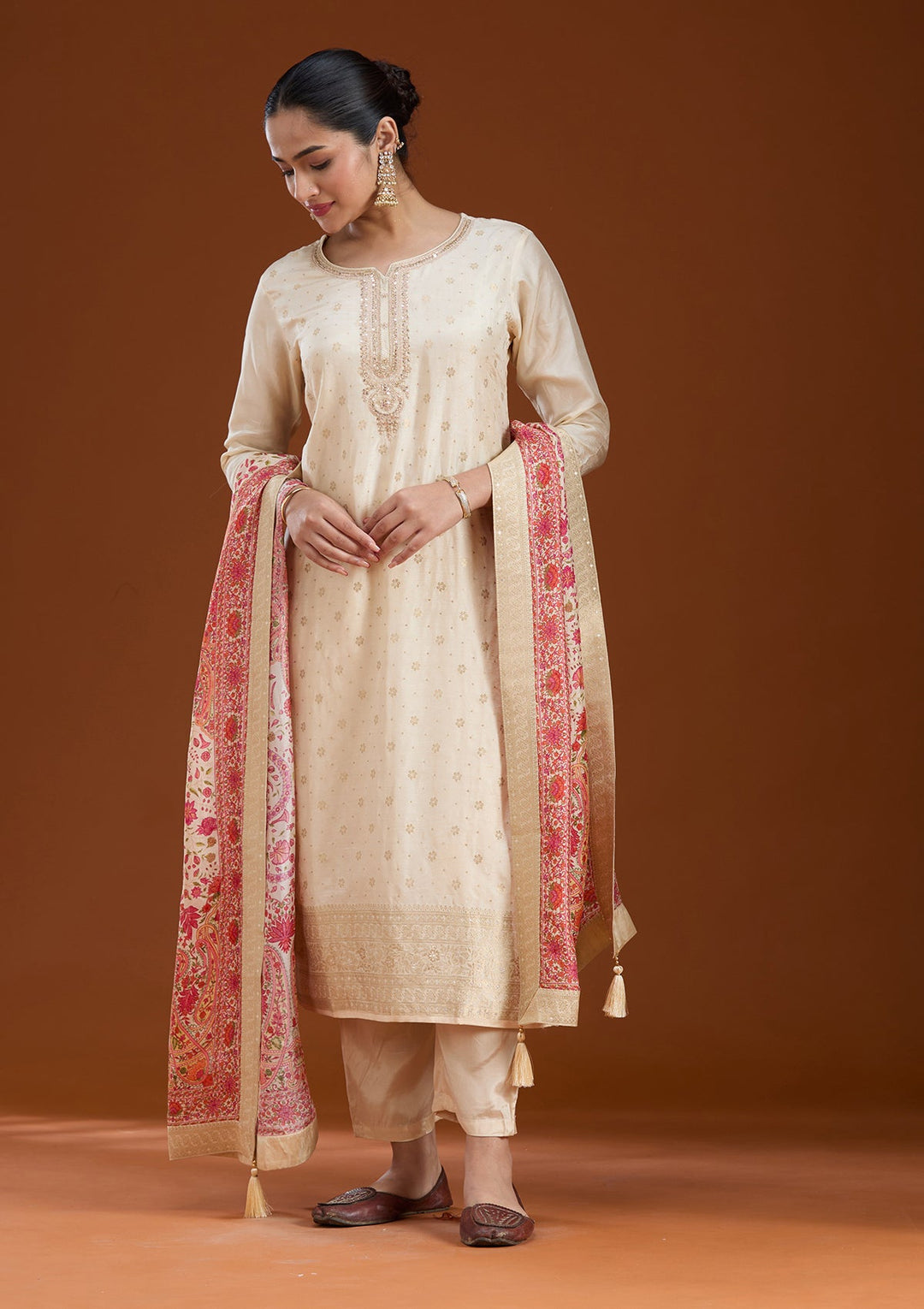 Beige Zariwork Soft Raw Silk Readymade Salwar Suit-koskii