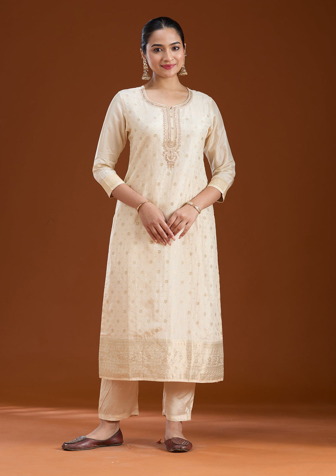 Beige Zariwork Soft Raw Silk Readymade Salwar Suit-koskii