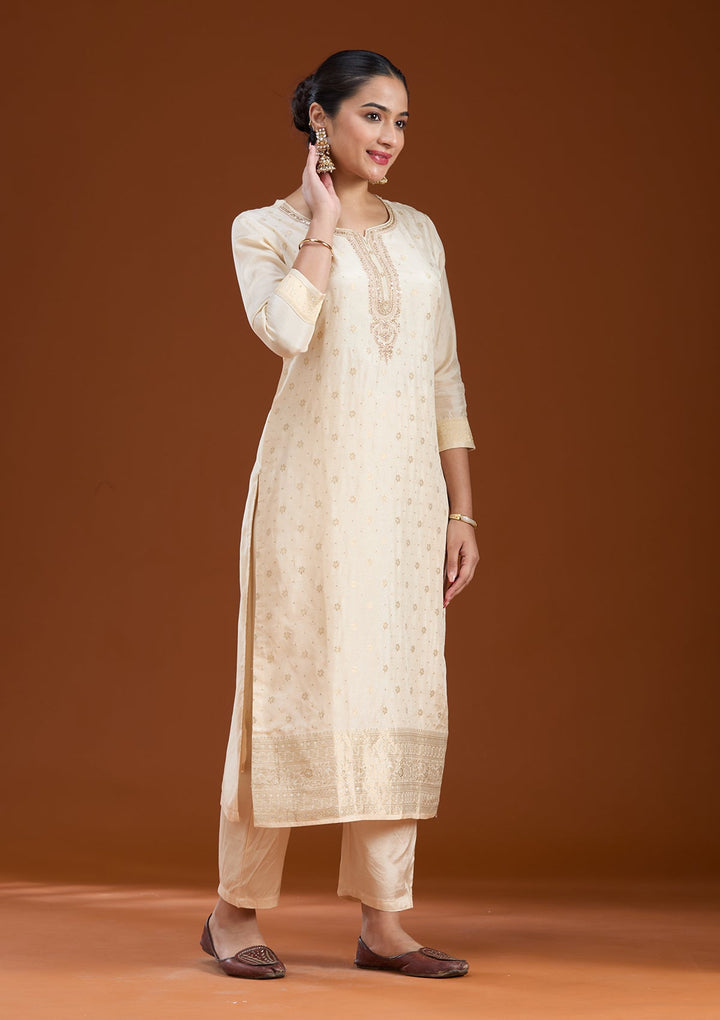 Beige Zariwork Soft Raw Silk Readymade Salwar Suit-koskii