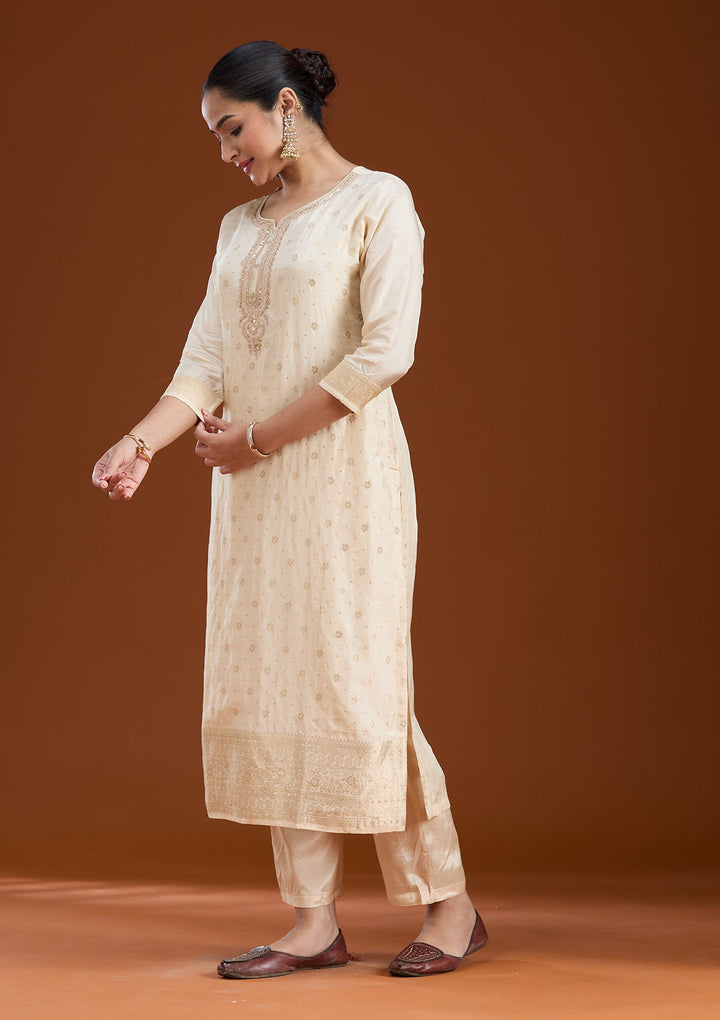 Beige Zariwork Soft Raw Silk Readymade Salwar Suit