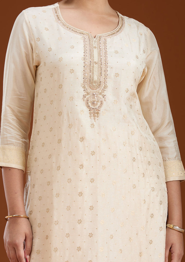 Beige Zariwork Soft Raw Silk Readymade Salwar Suit