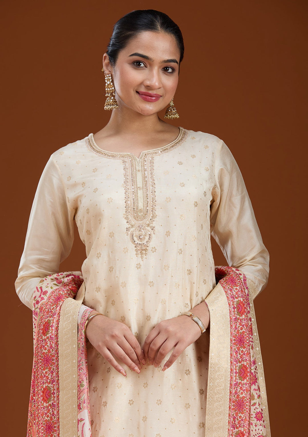 Beige Zariwork Soft Raw Silk Readymade Salwar Suit-koskii