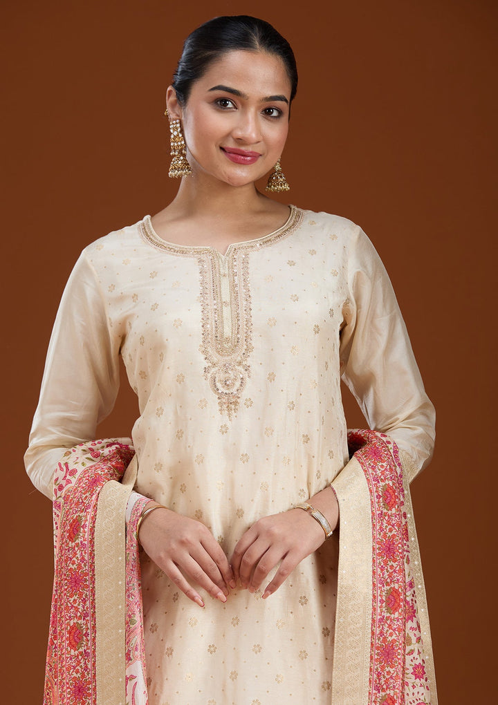 Beige Zariwork Soft Raw Silk Readymade Salwar Suit-koskii