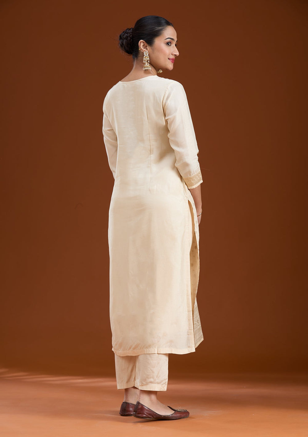 Beige Zariwork Soft Raw Silk Readymade Salwar Suit-koskii