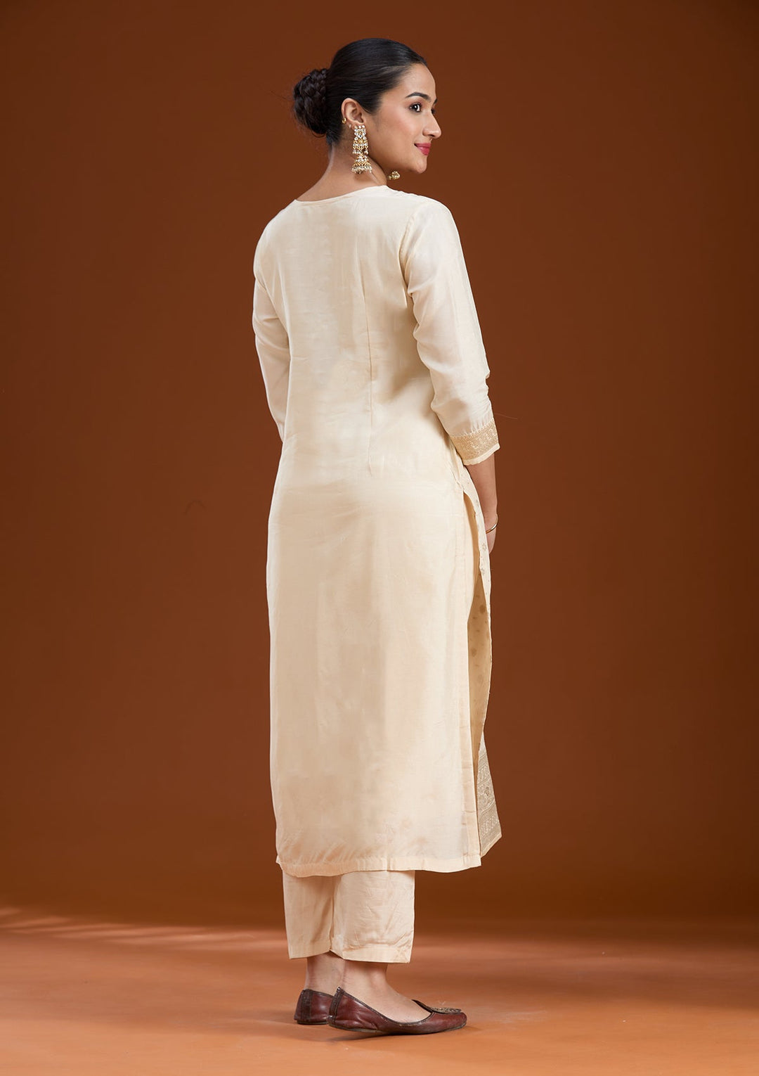 Beige Zariwork Soft Raw Silk Readymade Salwar Suit-koskii