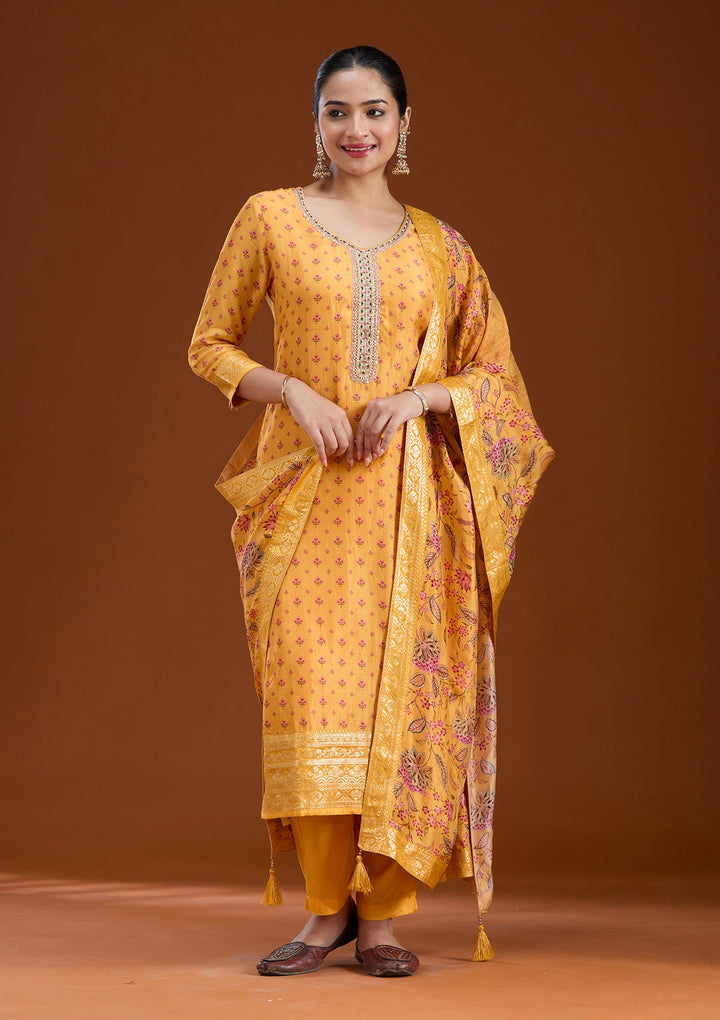 Mustard Sequins Soft Raw Silk Readymade Salwar Suit-koskii