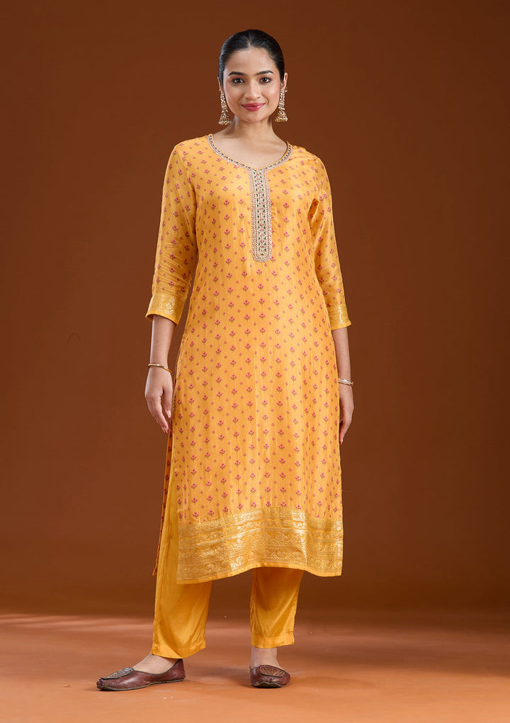 Mustard Sequins Soft Raw Silk Readymade Salwar Suit-koskii