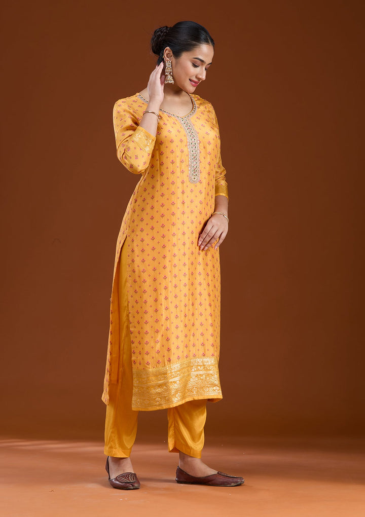 Mustard Sequins Soft Raw Silk Readymade Salwar Suit-koskii