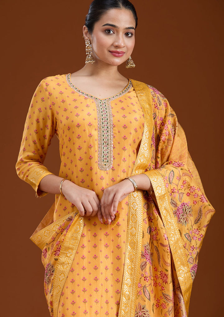 Mustard Sequins Soft Raw Silk Readymade Salwar Suit-koskii