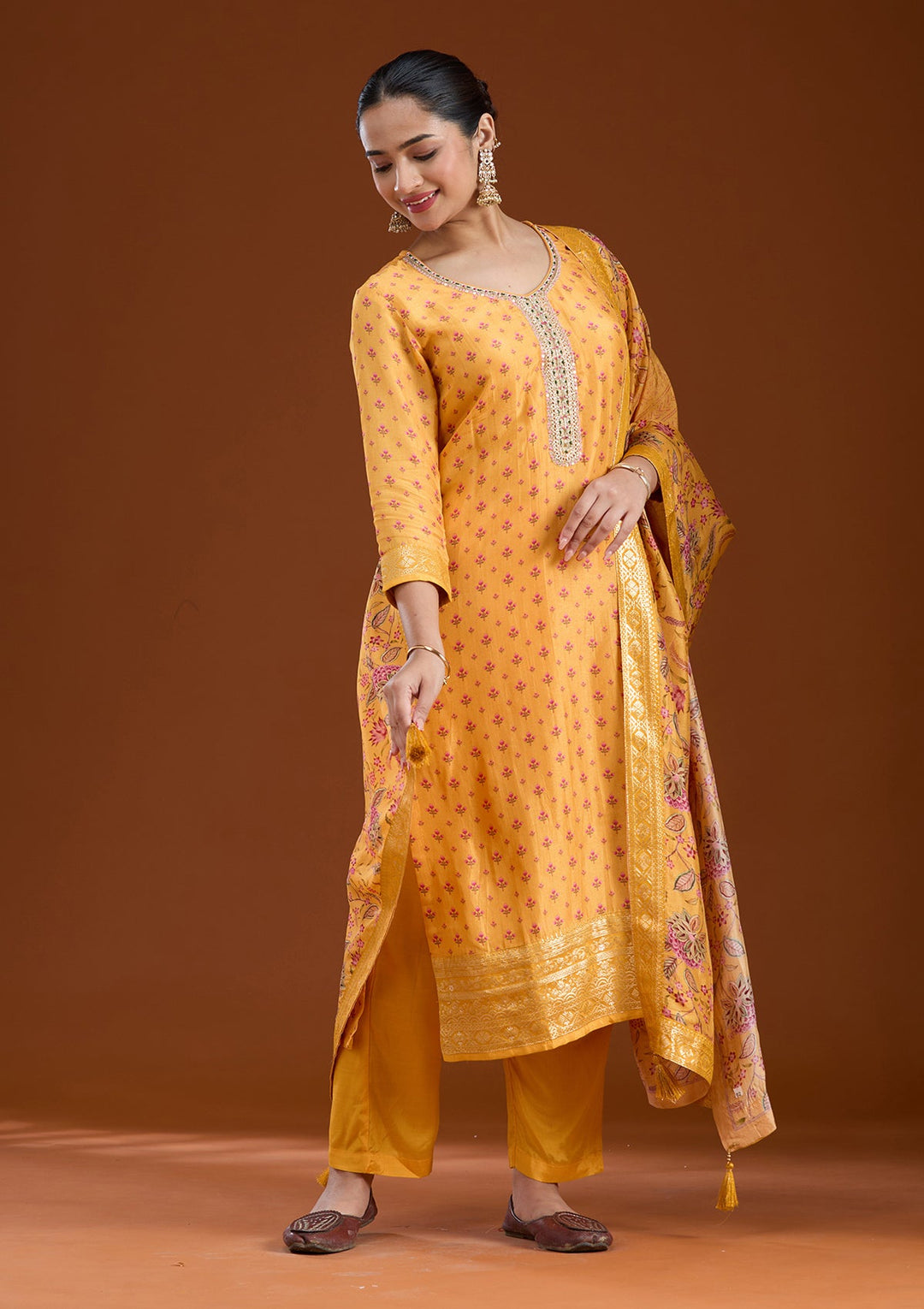 Mustard Sequins Soft Raw Silk Readymade Salwar Suit