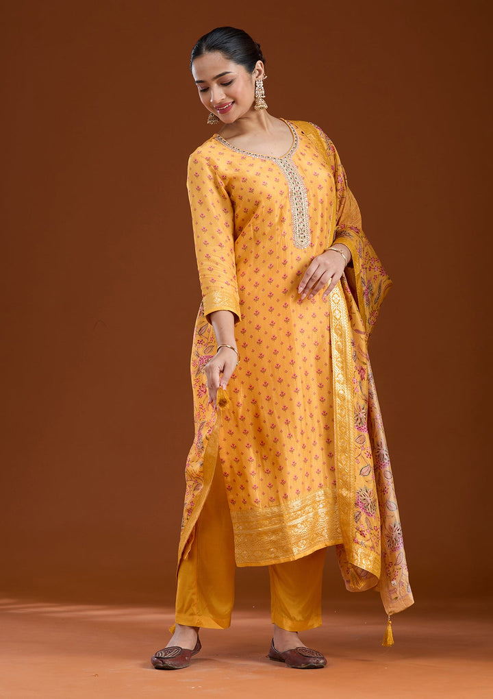 Mustard Sequins Soft Raw Silk Readymade Salwar Suit