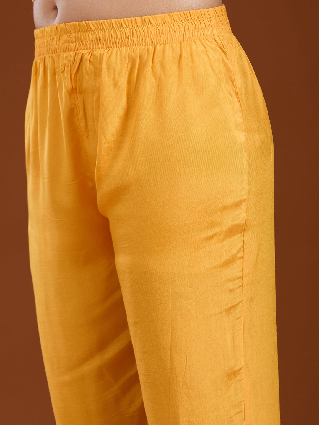 Mustard Yellow Threadwork Soft Raw Silk Readymade Salwar Suit