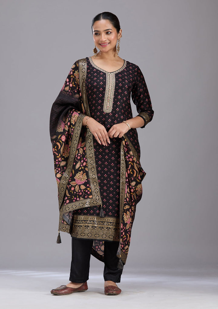 Black Zariwork Soft Raw Silk Readymade Salwar Suit-koskii