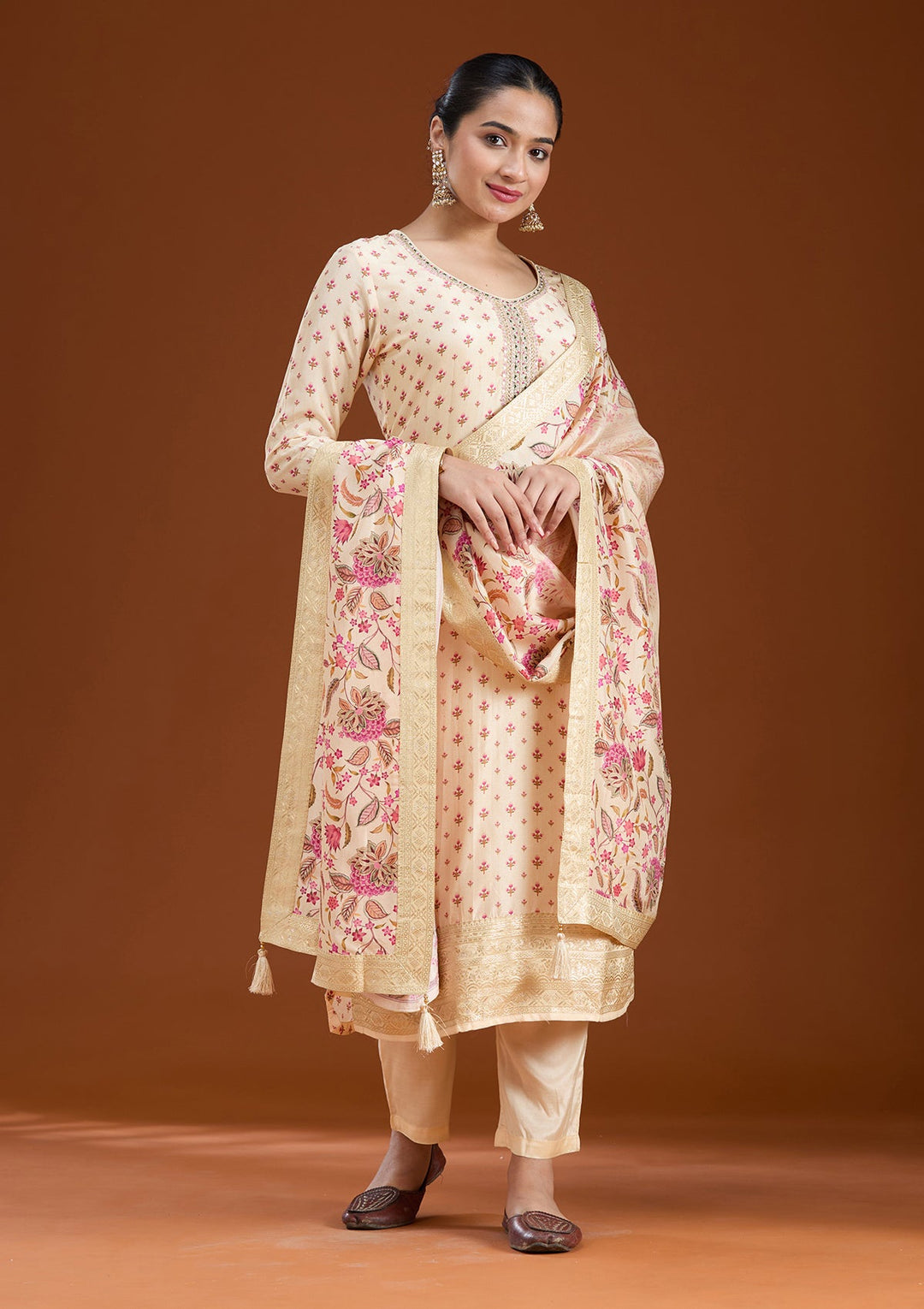 Beige Sequins Soft Raw Silk Readymade Salwar Suit-koskii