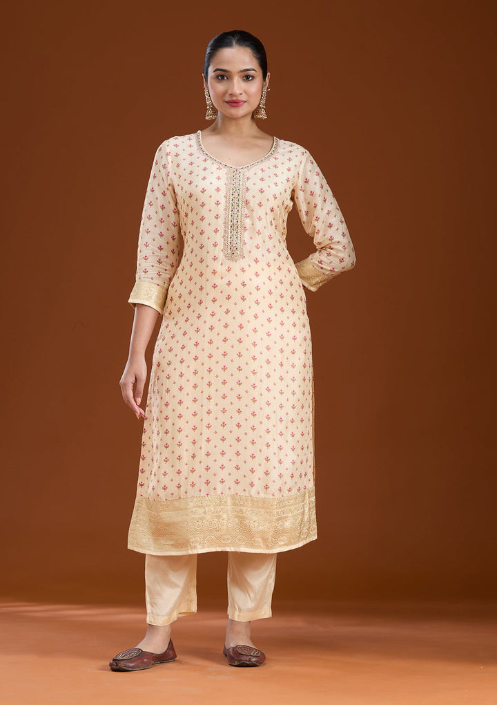Beige Sequins Soft Raw Silk Readymade Salwar Suit-koskii