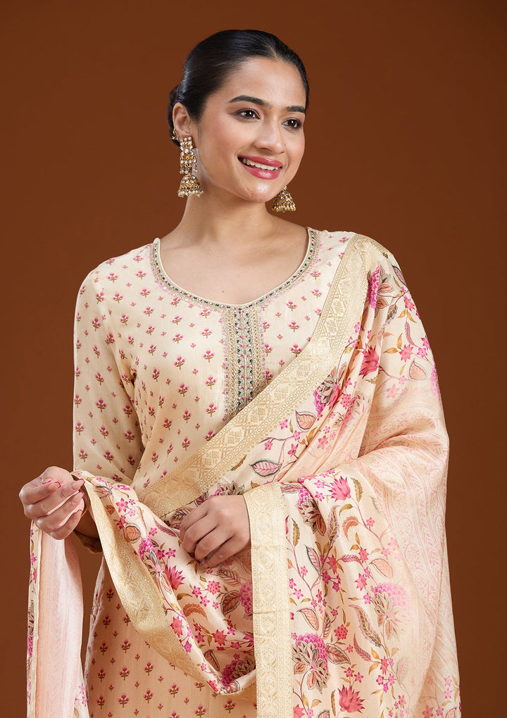 Beige Sequins Soft Raw Silk Readymade Salwar Suit-koskii