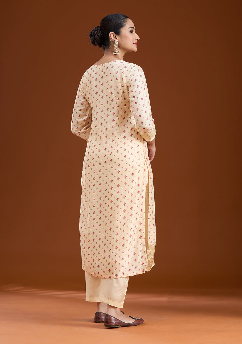 Beige Sequins Soft Raw Silk Readymade Salwar Suit-koskii