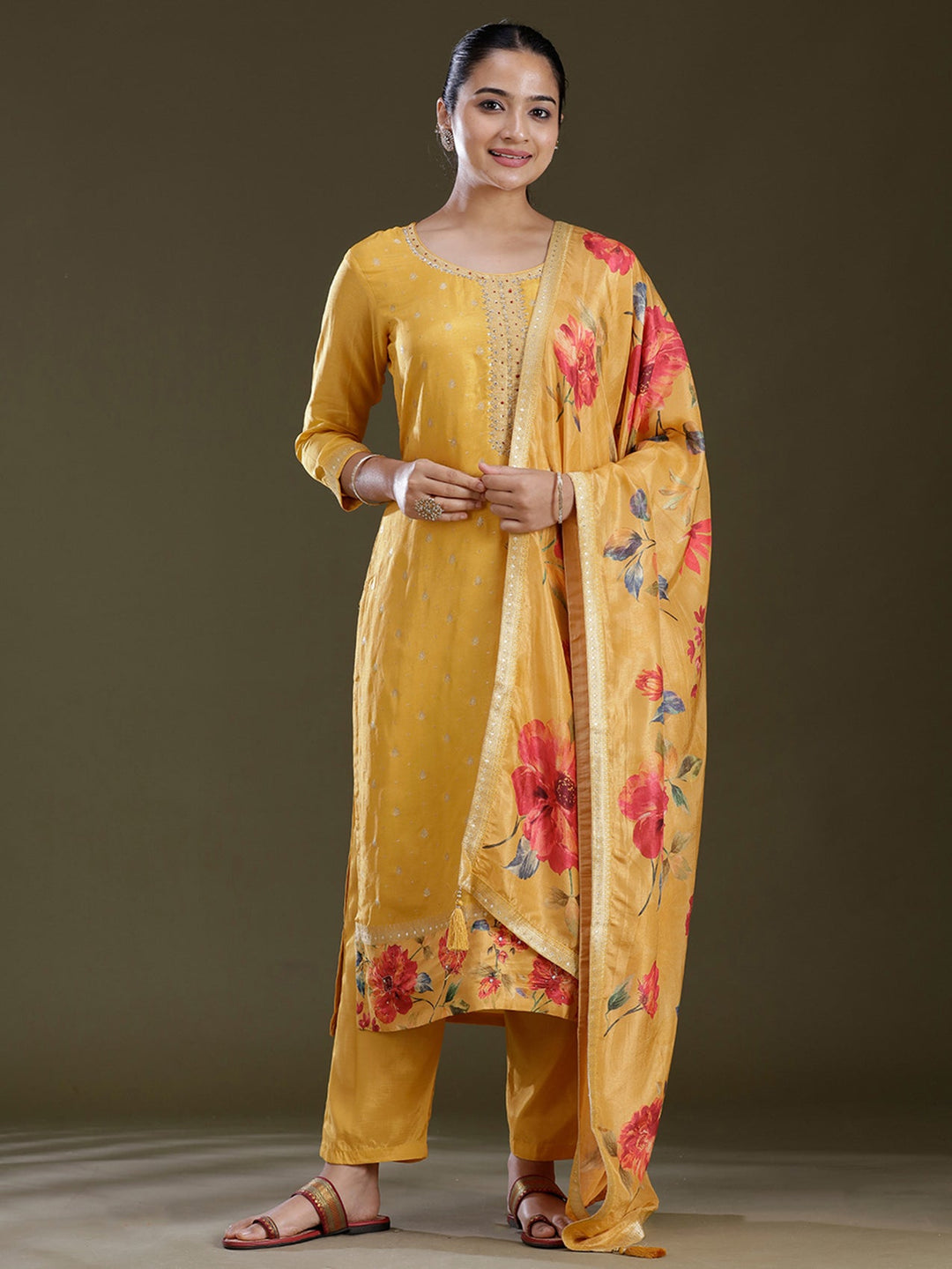 Yellow Threadwork Soft Raw Silk Readymade Salwar Suit