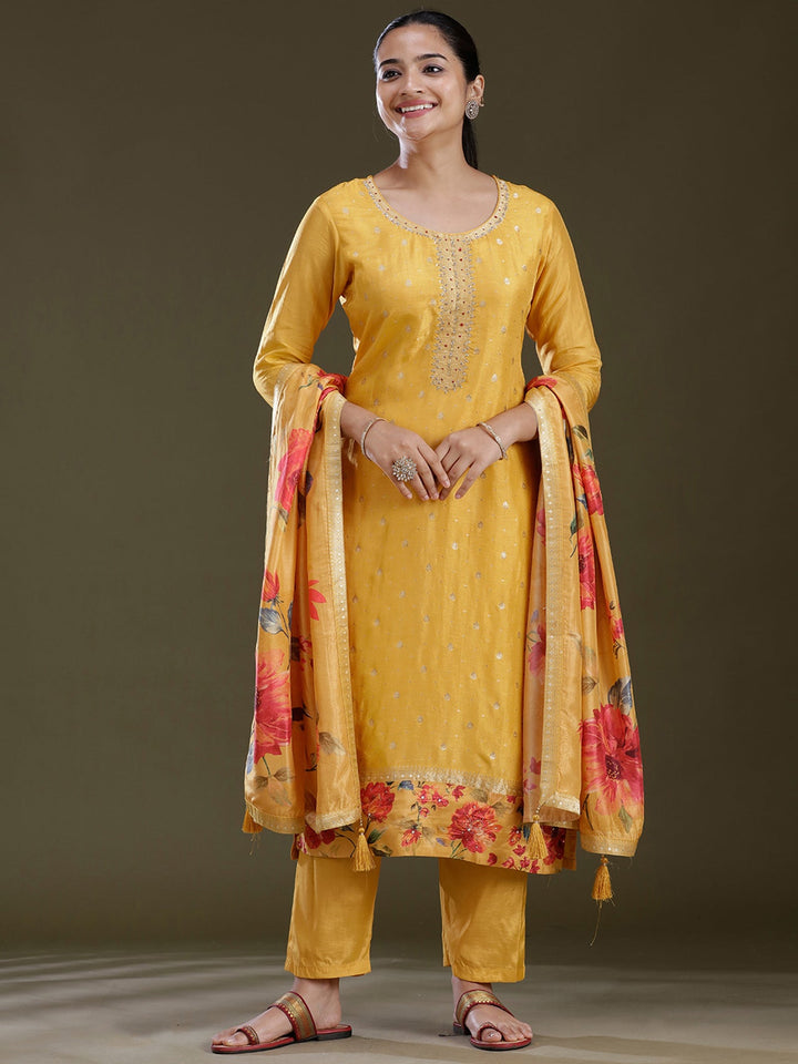 Yellow Threadwork Soft Raw Silk Readymade Salwar Suit
