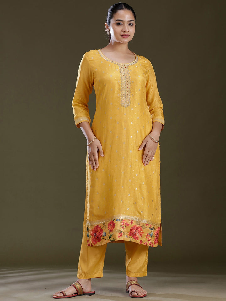 Yellow Threadwork Soft Raw Silk Readymade Salwar Suit