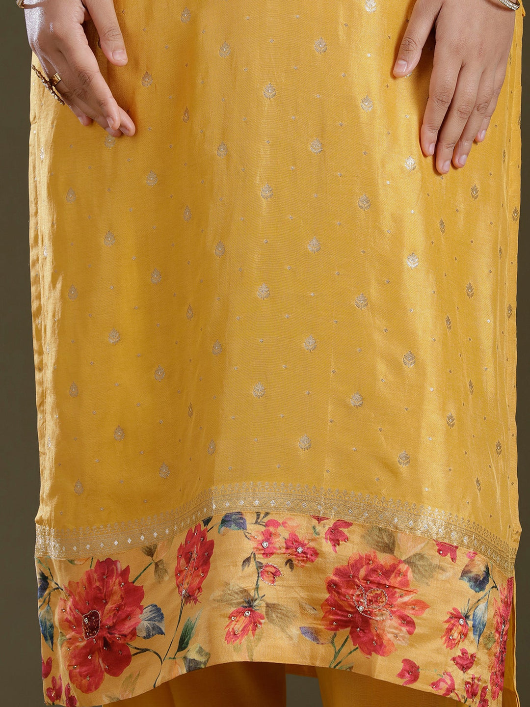 Yellow Threadwork Soft Raw Silk Readymade Salwar Suit