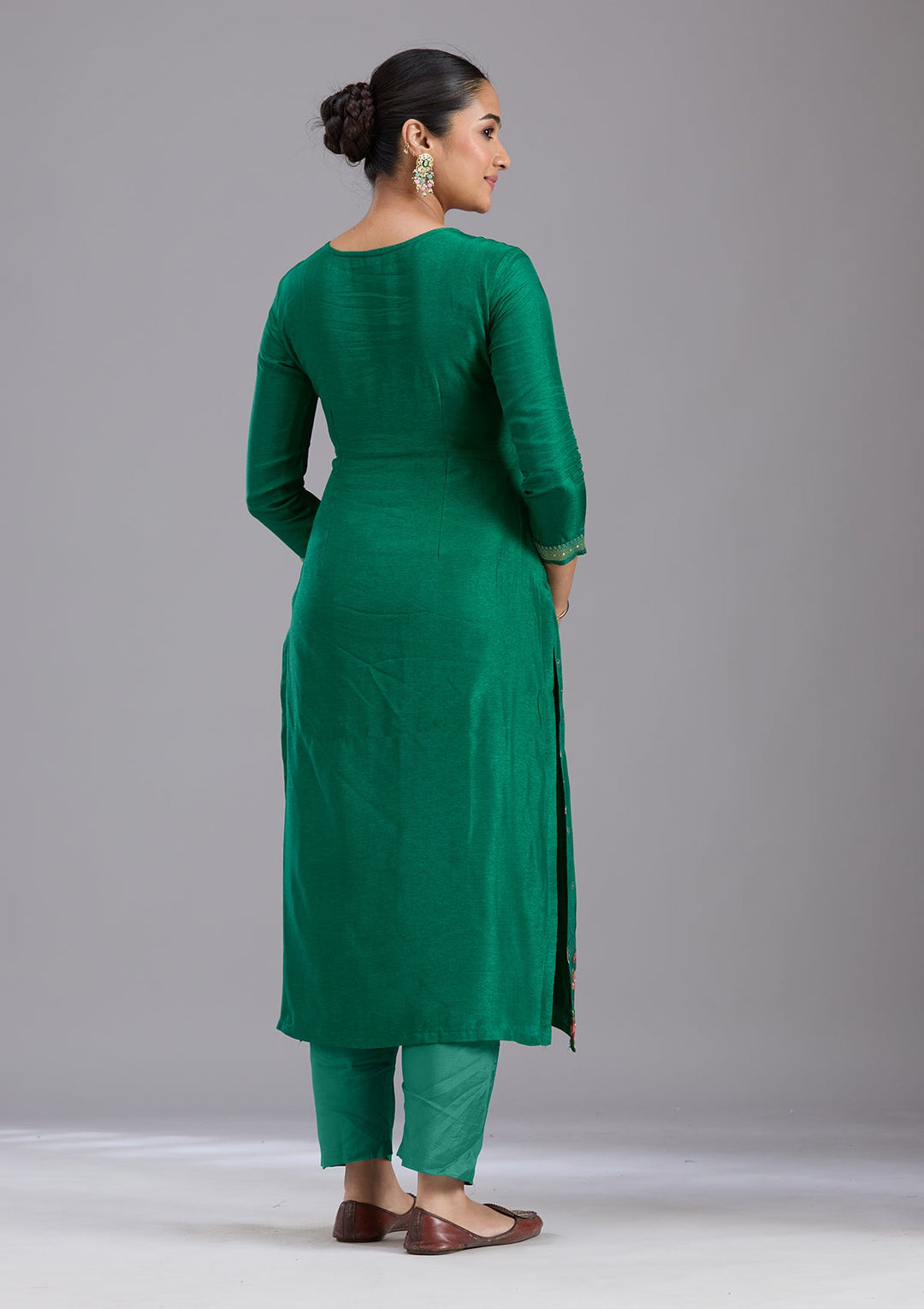 Bottle Green Sequins Soft Raw Silk Readymade Salwar Suit-koskii