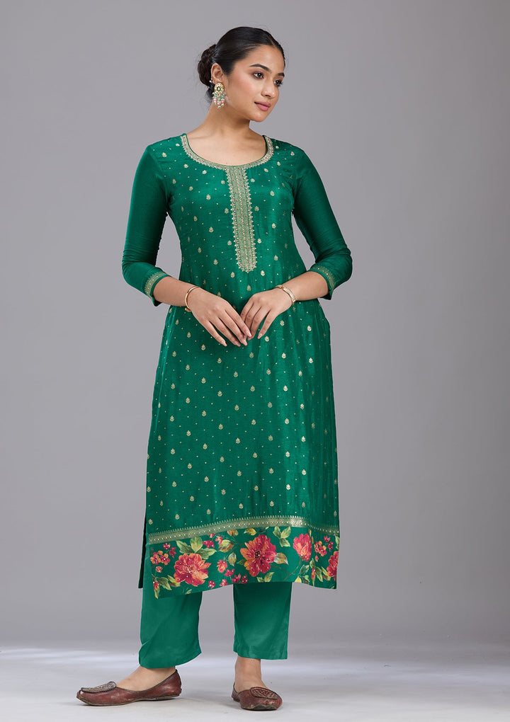 Bottle Green Sequins Soft Raw Silk Readymade Salwar Suit-koskii